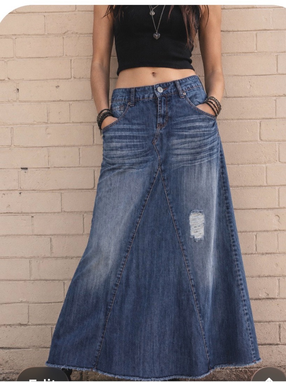 VTG Mudd Denim Jean Maxi Skirt Size 5 Y2K Grunge Boho Frayed Distressed Modest